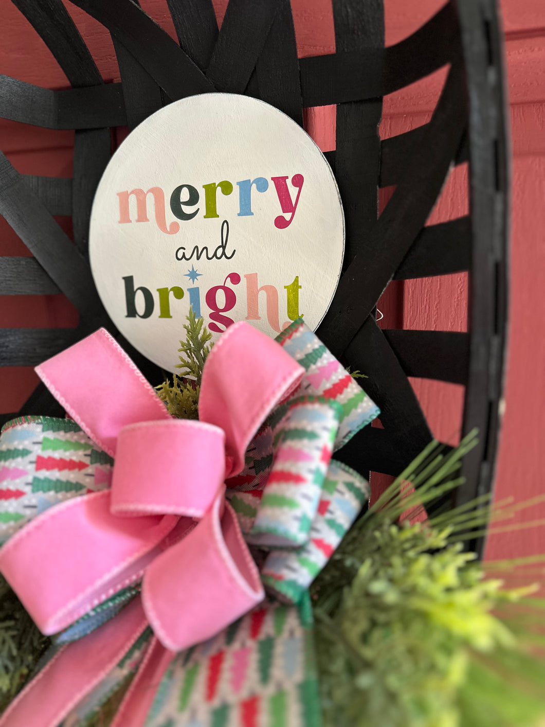 Merry and bright colorful tobacco basket wreath